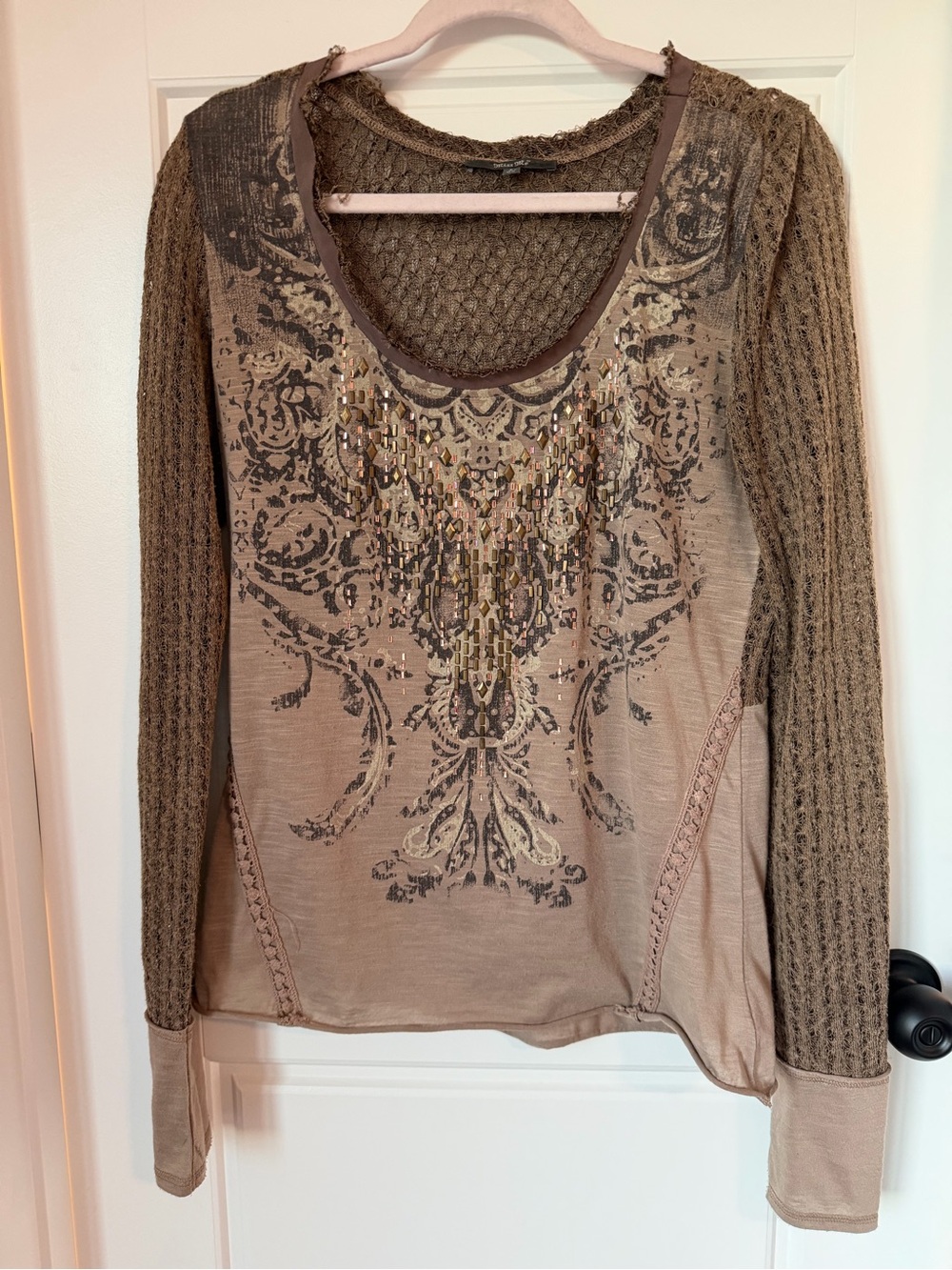 Miss Me Y2K Boho Embellished Crochet Mesh Top Brown L